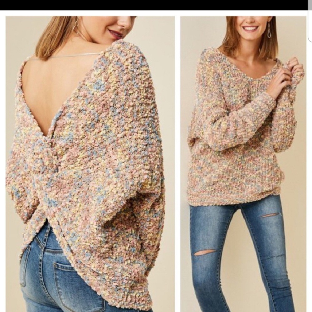 Multicolored Plunging Twist-Back Popcorn Sweater - image 1
